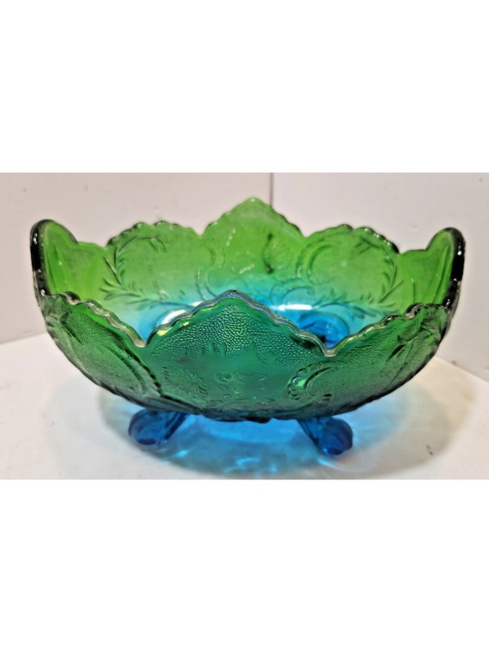 Vintage The Jeannette Glass "Lombardi" Pattern Blue & Green Oval Bowl 9.75 in
